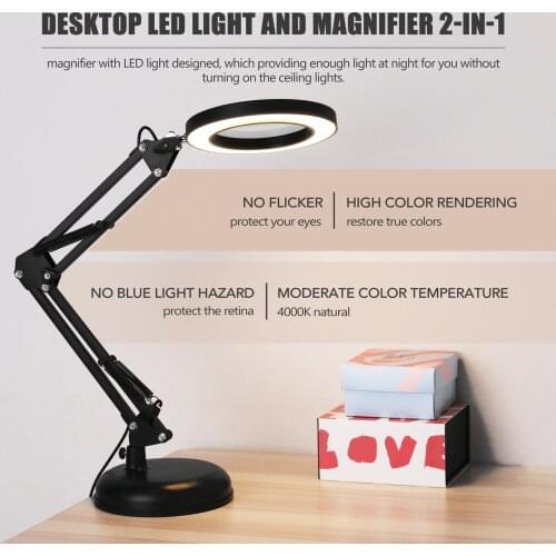 5X Magnifying Glass Desk Lamp Magnifier LED Light Reading Lamp with Three Dimming Modes USB Power Supply Foldable Professional