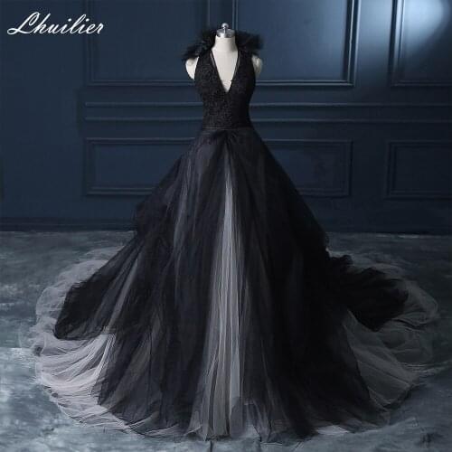 Lhuillier A-line V-neck Black Wedding Dresses 2020 Real Photos Floor Length Sleeveless Lace Appliques Tiered Bridal Dress