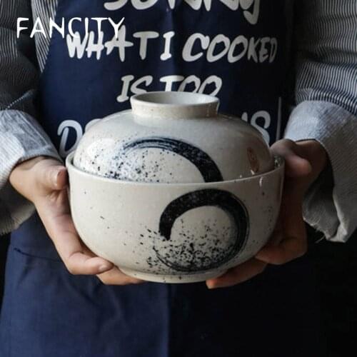 FANCITY Instant noodle bowl with lid Japanese ramen bowl restaurant tableware soup bowl household instant noodle bowl underglaze