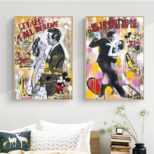 Lovers Dance Graffiti Street Art Poster Pictures On Wall Decor Canvas Prints Mickey And Minnie Fall In Love Painting Decoration