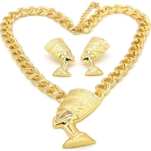 Egyptian Queen Nefertiti Pendant Gold Color Thick Chain Earrings Jewelry Sets Africa Egypt Gift Items