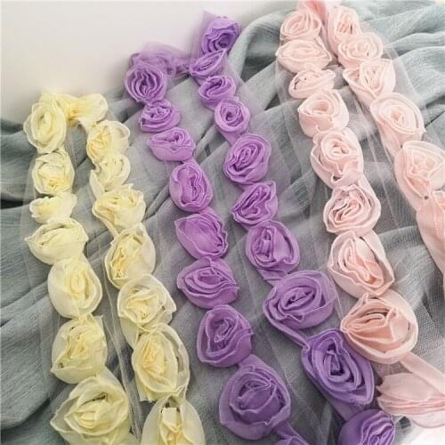 LASUI 3 yards =1 lot good quality 6 cm purple pink yellow chiffon rose flower lace trim Clothing decoration lace accessories0338