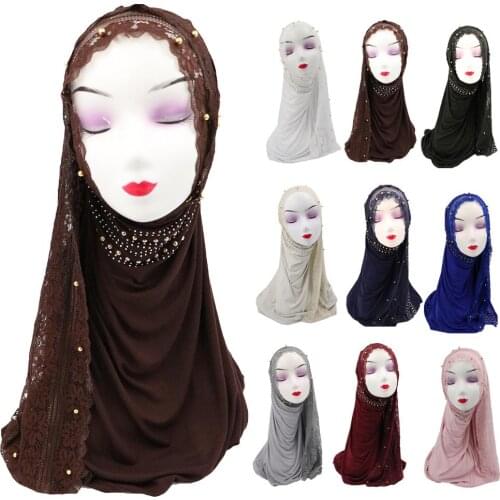 New Fashion Women Muslim Long Scarf Beaded Lace Shawls Islamic Head Wrap Scarves Headwear Turban Headscarf Arab Stole 170*70cm
