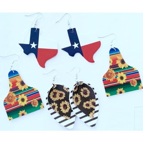 Sunflower Cow Tags Bull Head Texas Earrings Western Style for Leather Dangle Earrings Vintage