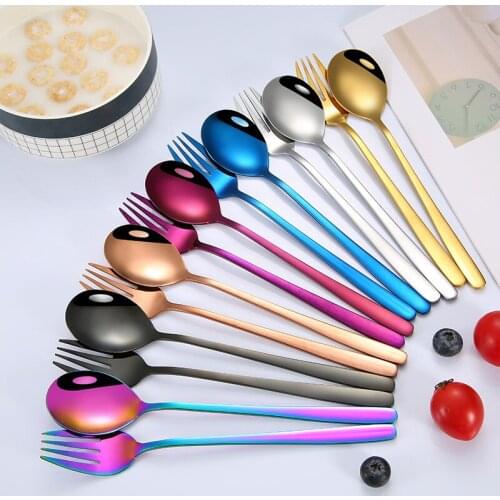 Long Handle Stainless Steel Tableware Ice Cream Coffee Spoon Teaspoon Steak Fruit Fork Dinnerware Kitchen Restaurant Supplies