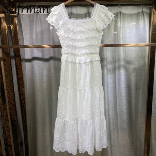 Seifrmann New 2021 Summer Women Fashion Designer Party Long Dress Butterfly Sleeve Lace Hollow Out Solid Color Printed Dresses