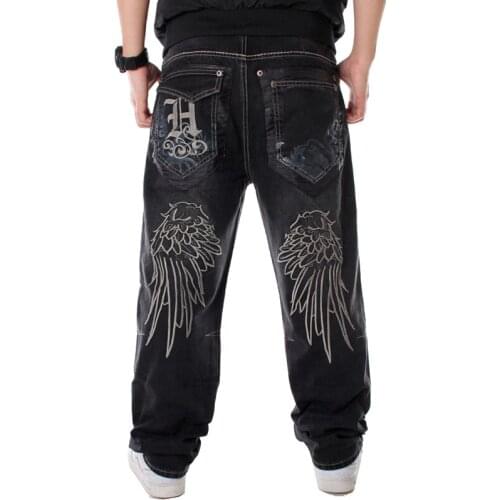 Fashion Street Dance Hip Hop Jeans Men Washed Straight Loose Board Jeans Embroidery Wings Printed Denim Pants Plus Size 30-46