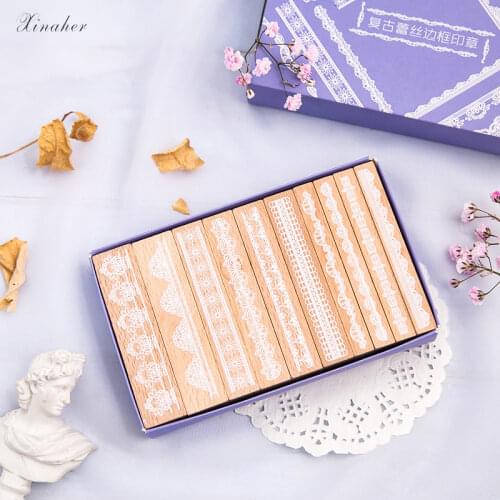 XINAHER 10pcs/set Vintage Strip Lace stamp DIY wooden rubber stamps for scrapbooking stationery scrapbooking standard stamp
