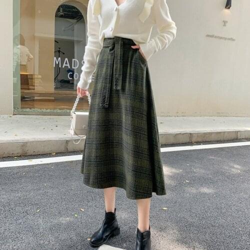 Womens Spring and Autumn Retro Plaid Woolen High-Waist New Mid-Length Slim-Fit A- line Belt Big Hem Skirt