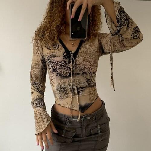 Aesthetic Retro Harajuku Tie Up V-neck Fairy Grunge Print Womens Flare Sleeve T shirts Tops 90s Vintage Clothes Crop Top