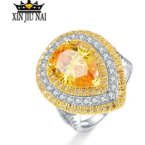Water Drop Yellow Zircon Crystal From Rings For Women Exaggerate Female Citrine 12*9mm 925 Silver Fine Jewelry Gift