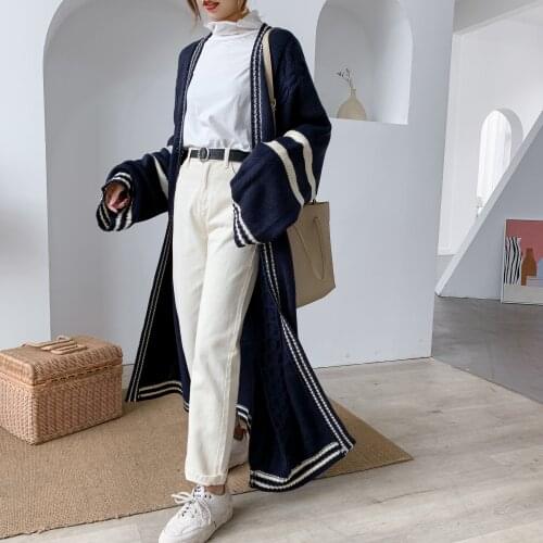 [ZAYAU]Autumn and Winter Long Thickened Sweater Coat womens Korean Stripe Loose Large Size Lazy Wind Knee Thick Cardigan