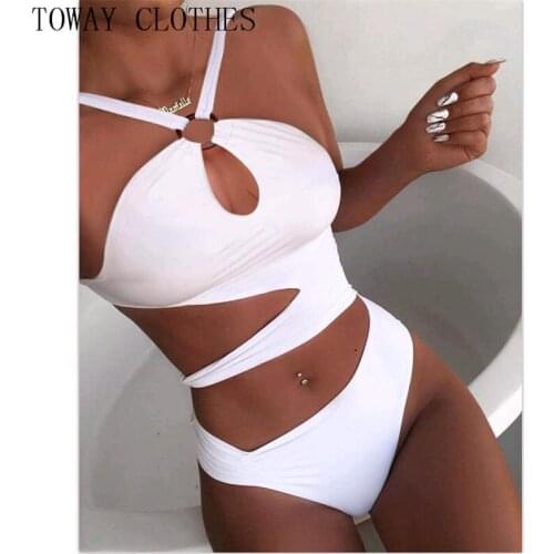 Women Summer Plain Halter O-Ring Cutout One-Piece Swimsuit Sexy Beach Sunbath Solid Jumpsuit