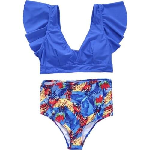 Womens Sexy 2 Piece Bikini Set Flounce Ruffles V-Neck Push Up Padded Swimsuit High Waist Tropical Floral Print Beachwear