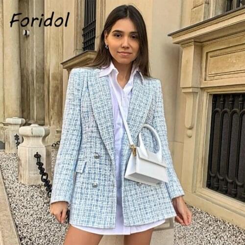 Foridol Plaid Vintage Autumn Winter Blazer Coat Women Checked Office Ladies Blazer Jacket 2021 Streetwear Blue Women Tops