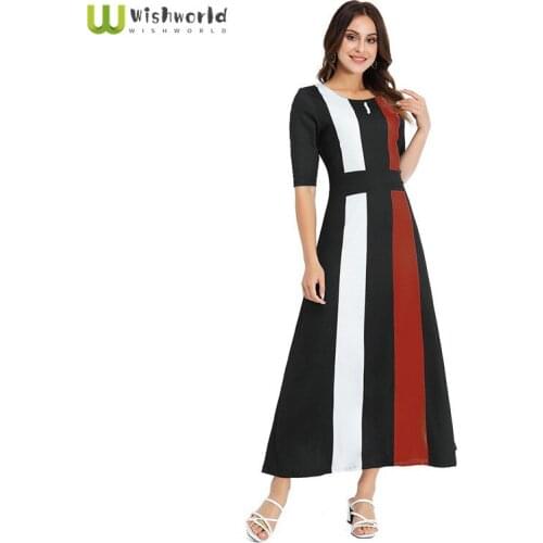 Wishworld 2021 Stripe splicing round neck temperament long dress fashion women leisure summer sundress robe Party Club Dresses