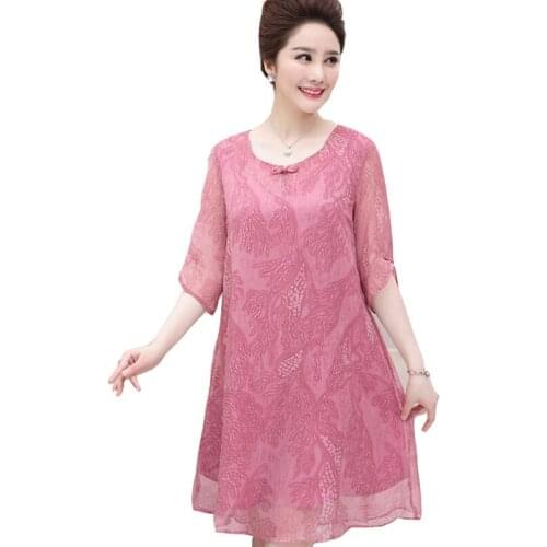 Womens Chiffon Dress Spring Summer 2019 Long Elegant Fashion Casual O Neck Printed Short-Sleeved Middle-Aged Dress Female