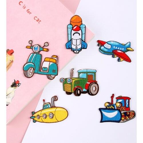 1PC Cartoon bike plane bulldozer submarine patch DIY clothing accessories glue iron on patches for kids jeans cap dress sticker