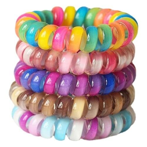 5pcs Women Colorful Elastic Plastic Rubber Telephone Cord Wire Hair Ties Coil Scrunchies Hair Ring Band Accessories ACC428