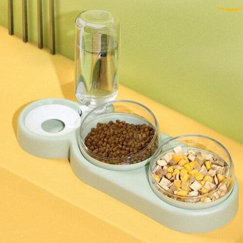 Pet Cat Bowl Automatic Feeder Dog Cat Food Bowl With Water Fountain Raised Stand Double Drinking Bowls