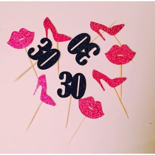 Glitter fushia custom number 30 birthday lips heels Cupcake Toppers Bachelorette Party & Hen Party Supplies wedding toothpicks