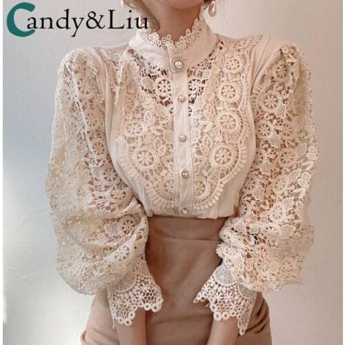Women Shirts Spring Autumn Retro Hollowed Lace Flowers Pearl Button Cute Design Elegnant Stand Collar Long Sleeve Female Blouses
