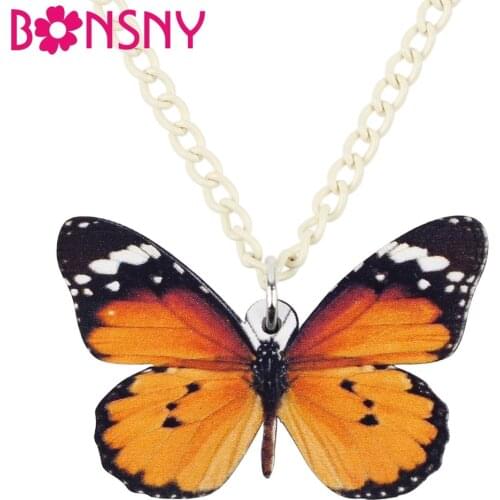 Bonsny Acrylic Danaus Chrysippus Butterfly Insect Necklace Pendant Chain Collar Animal Jewelry Charms For Women Girl Ladies Bulk