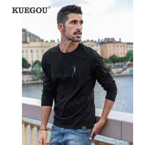 KUEGOU 2021 Autumn 100% Cotton Embroidery White T Shirt Men Tshirt Brand T-shirt Long Sleeve Tee Shirt Male Plus Size Tops 88106