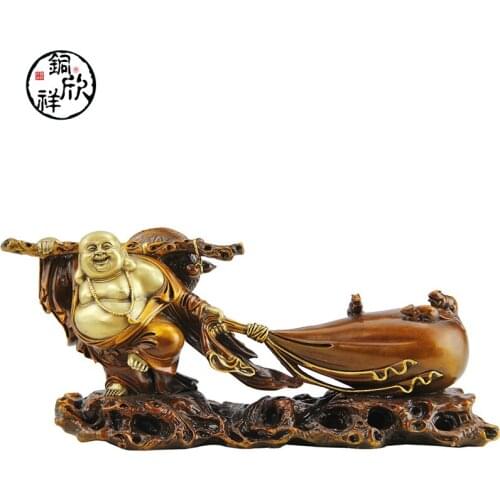 Copper Maitreya Buddha Laughing with Fu Bag Ornaments Home Office Decoration Opening Light Business Gifts
