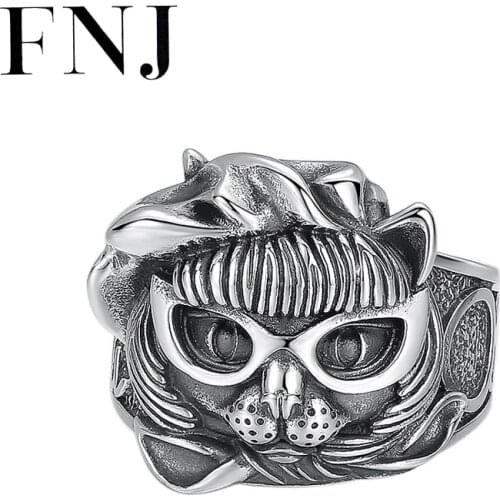 FNJ Animal glasses Cat Ring 925 Silver Adjustable Size 100% Original Real S925 Solid Silver Rings for Men Jewelry Size 9-11