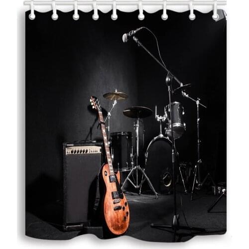 Musical Instruments Guitar with Drum in Black Waterproof Fabric Shower Curtain