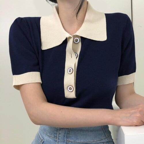 Turn Down Collar Knit Shirt Temperament Korean Ladies Tops Fashion T Shirt Women Striped Short Sleeve Contrast Color Tees