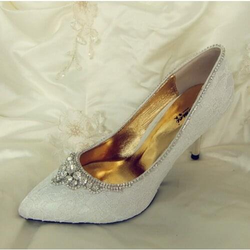 Fashion lady Crystal Pointed Toe Dress Shoes High Heel White Lace Wedding Shoes Party Prom Shoes colorful women shoes