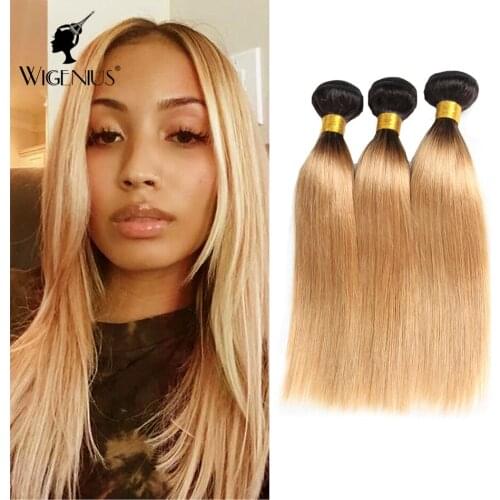 WIGENIUS Honey Ombre Straight Hair Bundles With Closure Human Hair 3 4 Bundles With Closure Remy Brazilian Hair Weave Bundles