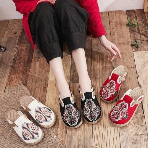 Women Slippers Soft Flax Indoor Home Sandals Ladies Flat Casual Ethnic Style Retro Embroidered Shoes Linen Fabric Floral Shoe