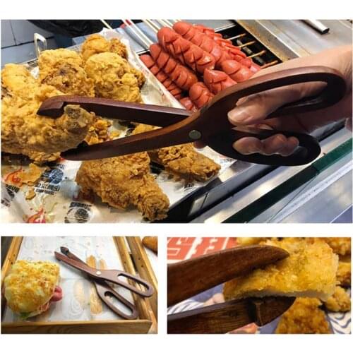 Food Tongs Kitchen Wooden Toaster Scissor Shaped Utensils Salad Bread BBQ Steel Handle Utensil New drop ship