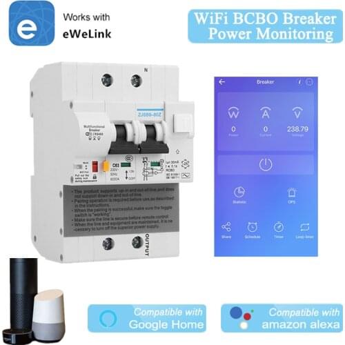 Smart RCBO Circuit Breaker 2P WiFi MCB eWelink Wireless Control Energy Monitoring Leakage Current Protection Alexa Compatible