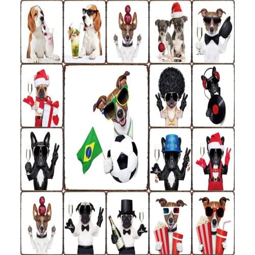 Vintage Tin Signs Cute Pets Uniform Dogs Drink Wine Watching Football Match Film Listen To Vinyl Records Child Room Decor Gift