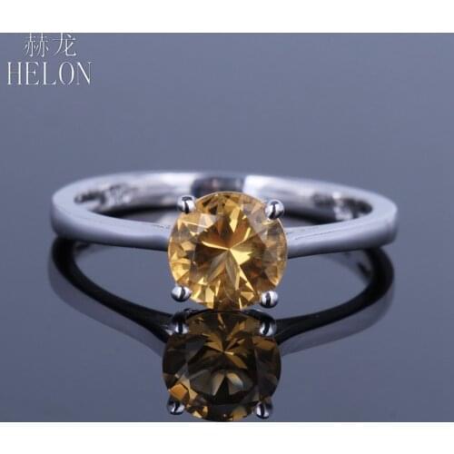 HELON Solid 10K White Gold Flawless Round 6.5mm 100% Genuine Citrine Polish Fine Jewelry Engagement Wedding Gemstones Ring Gift