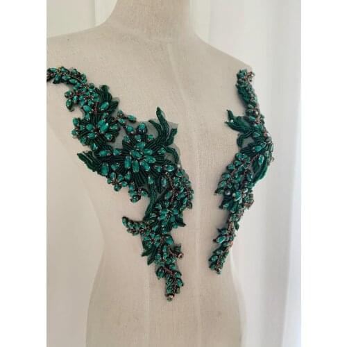 Green Rhinestone Patch Crystal Big Plating Sliver Flower Applique Sew On Wedding Dress Decoration Accessories