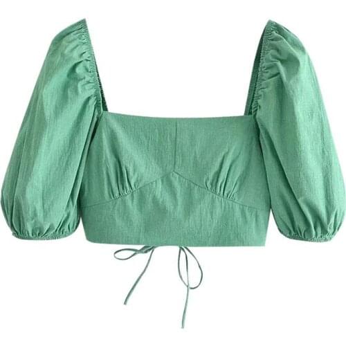 2021 Women Fashion With Elastic Trims Cropped Blouses Vintage Short Sleeve Back Cross Straps Female Shirts Chic Tops