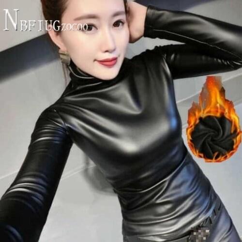 Lining With Fluff Pu Leather Women T Shirt Winter New Korean Fashion Temperament Female Tee Tops