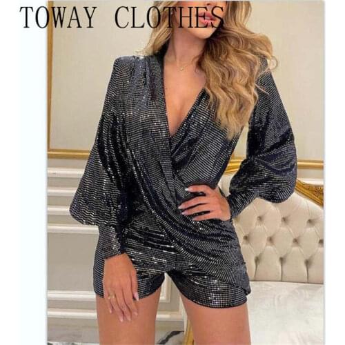Women Solid Sequin Surplice Neck Drape Detail Lantern Sleeve Romper V neck Bishop Sleeve Sequins Wrap Asymmetrical Sexy Rompers