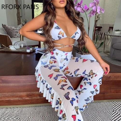 Women Butterfly Print Crisscross Top & Ruffles Sheer Mesh Pants Set Summer Look Women Suits