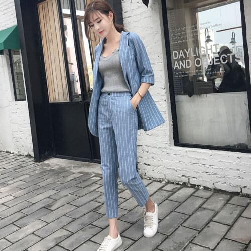2 piece set women female new spring and autumn suit linen small suit jacket high waist nine pants temperament suit