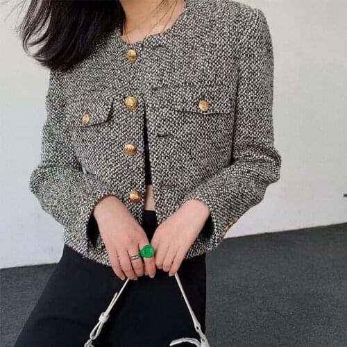 Autumn High Quality Temperament Plaid Tweed Jacket Women Simplicity Trim Single-Breasted Cropped All-Matching Coat Outwear