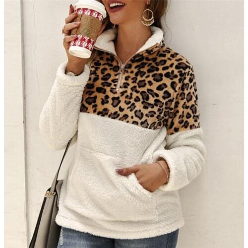 Winter Fleece Sweaters Women Fashion Leopard Patchwork Fluffy Thick Sweater Warm Zipper Pullover Winter Coat Sherpa Tops