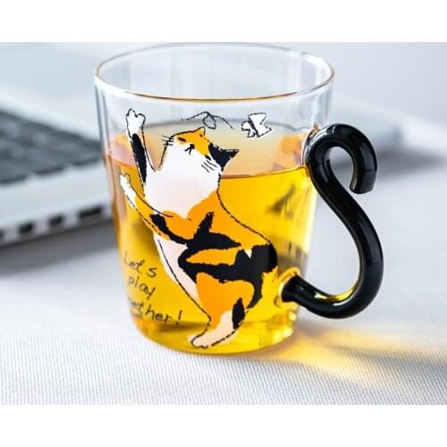 250ML personality glass cute cat juice coffee cup cat tail handle kitten stainless steel spoon fashion creative milkshake cup