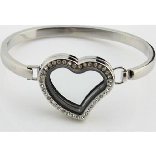 5PCS Stainless Steel Floating Locket Bangle Bracelet with Crystal Heart Glass Floating Charm Locket Bangle