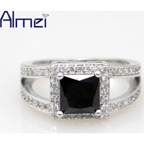 Almei Wedding Silver Color Female Jewelry Rings for Women Punk Zircon Fianit Anel Black Stone Anillos Ring Bague Femme Gift Y017